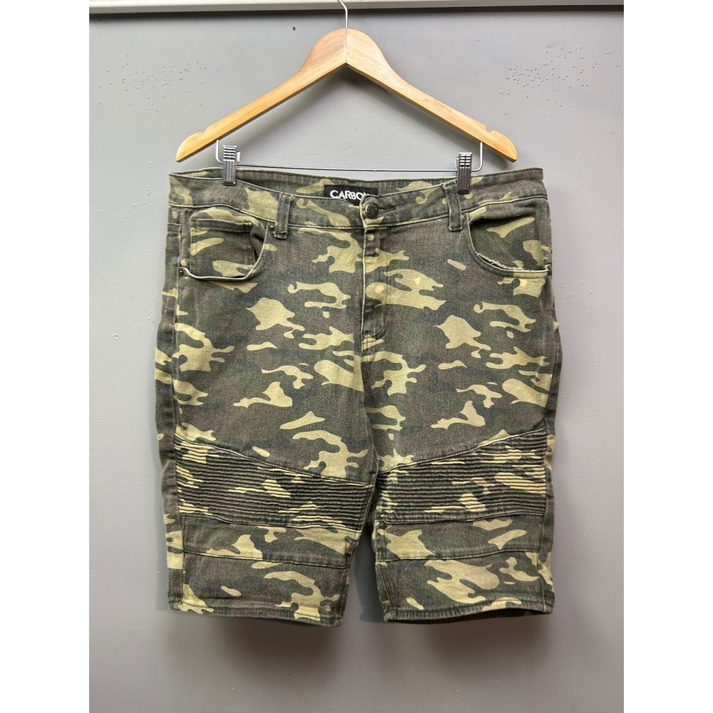 Carbon Biker Shorts Mens 38 Green Camo Moto Ribbed Panels Cotton Streetwear